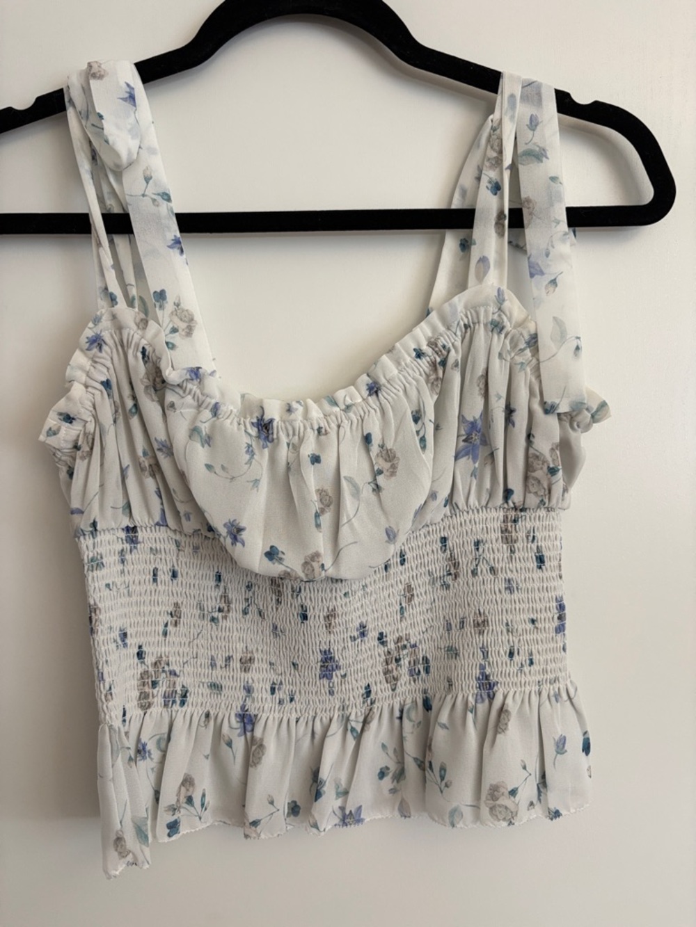 Aritzia White Floral Smocked Crop Top with Blue Accents